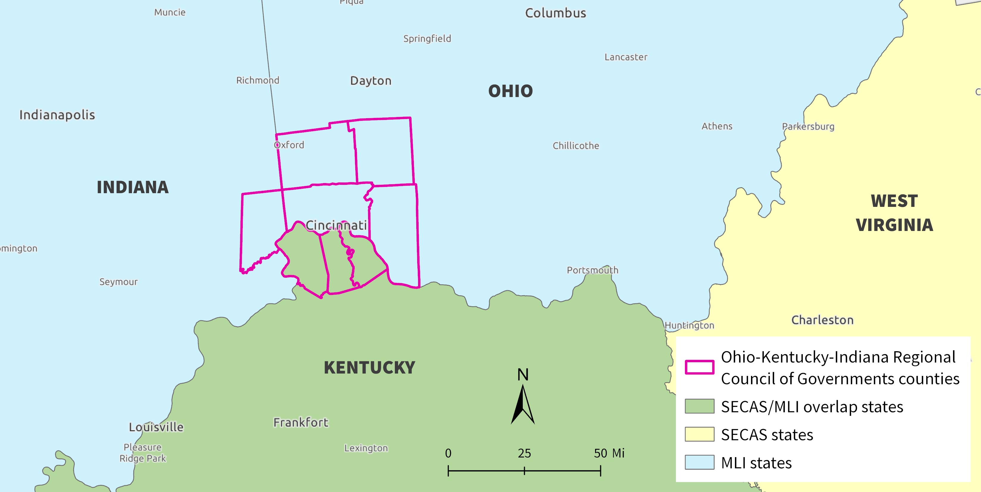 Map of the OKI counties in pink outlines over the MLI and SECAS geographies, showing the three Kentucky counties falling within both SECAS and MLI in green, and the Ohio and Indiana counties falling within MLI in blue.