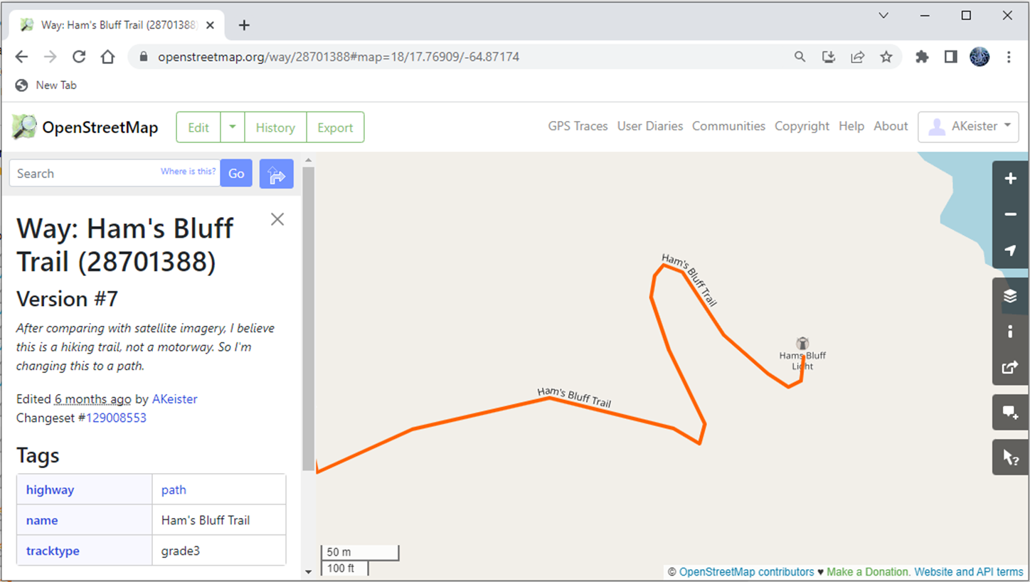 Screenshot of OpenStreetMap digitizing interface, which shows trail information in a left-hand sidebar and a map of the trail route on the right.