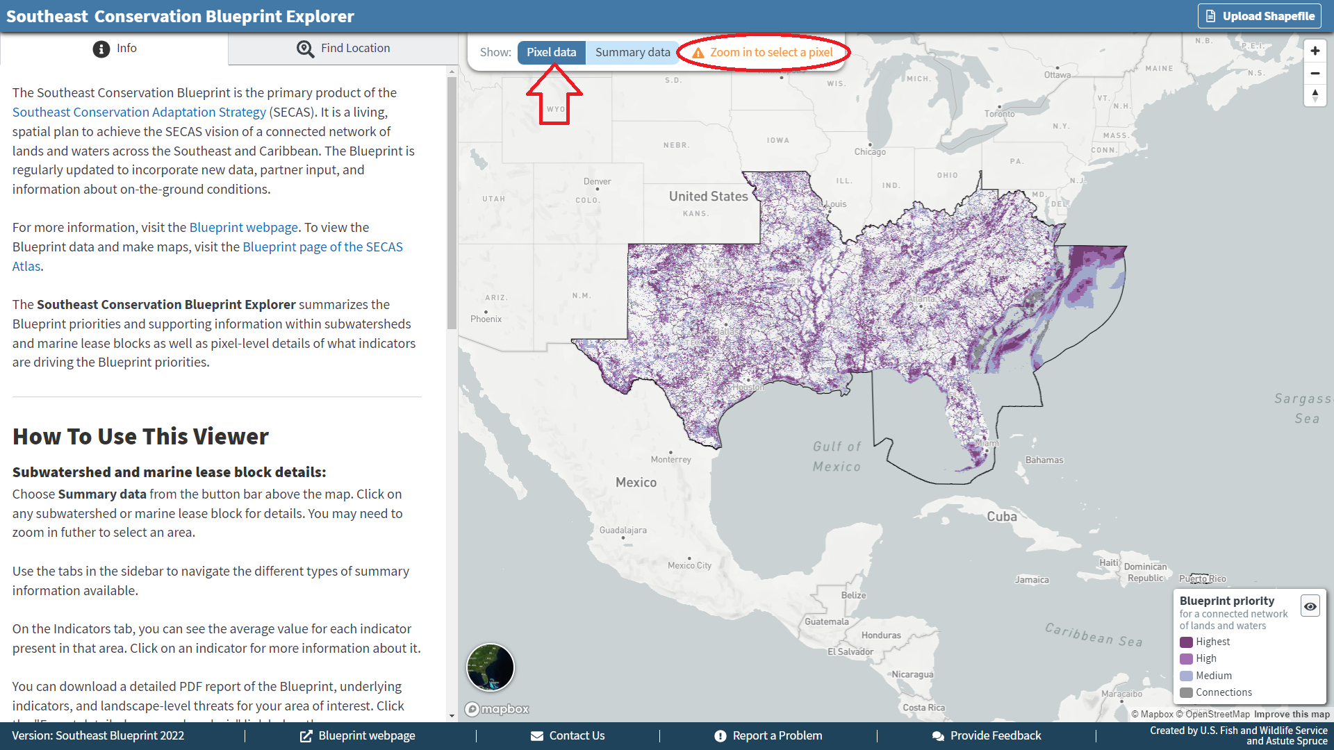 Screenshot of the viewer with a red arrow pointing to the pixel data toggle button to switch modes.