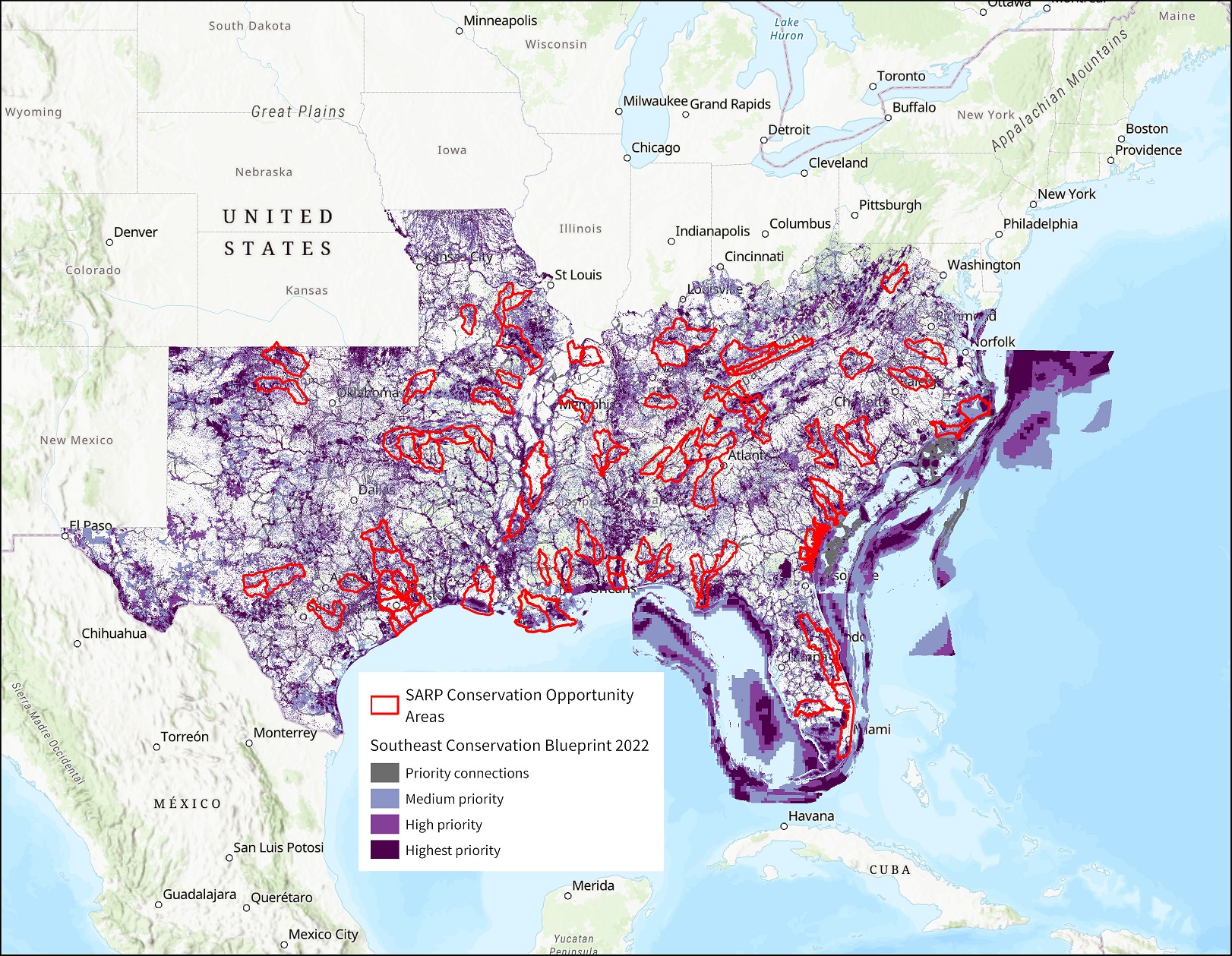 Map of the Blueprint in shades of purple with red polygons on top representing SARP's previous Conservation Opportunity Areas.