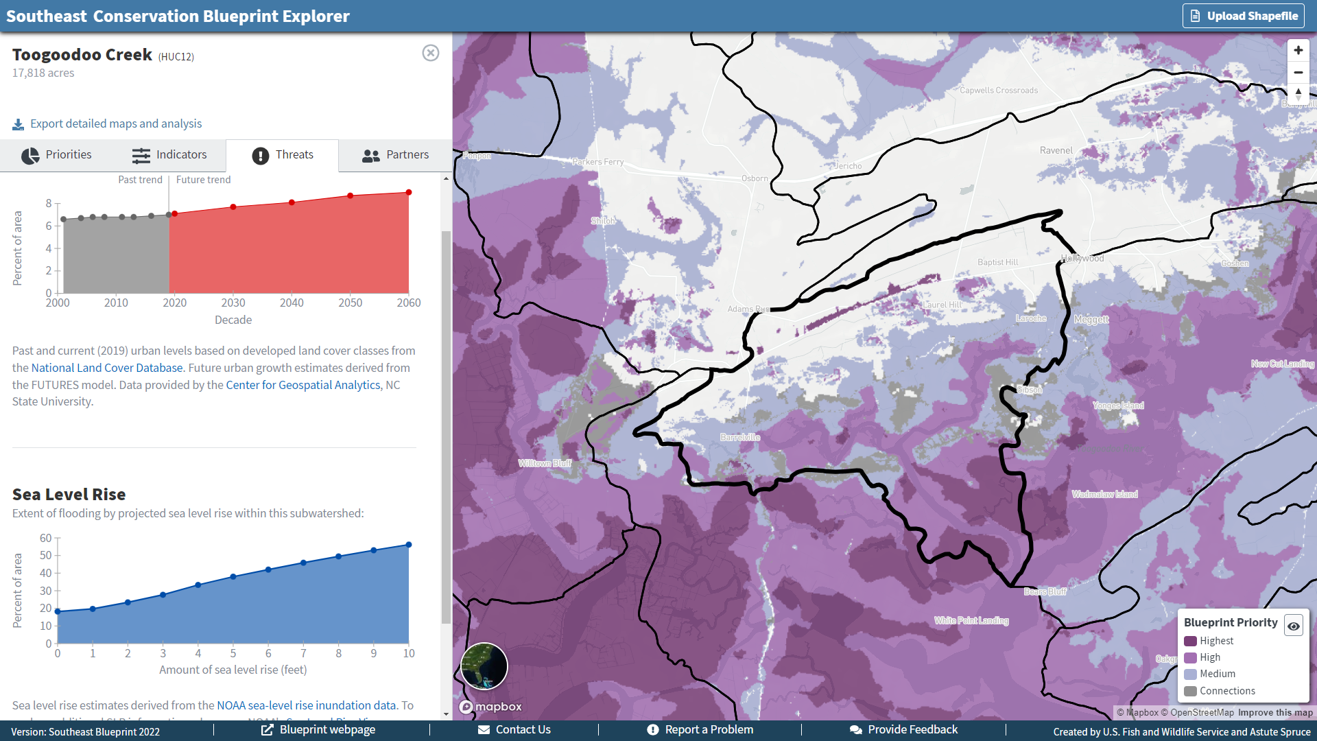 Screenshot of the viewer showing upwards trends in the percent of a subwatershed impacted by SLR and urbanization over time