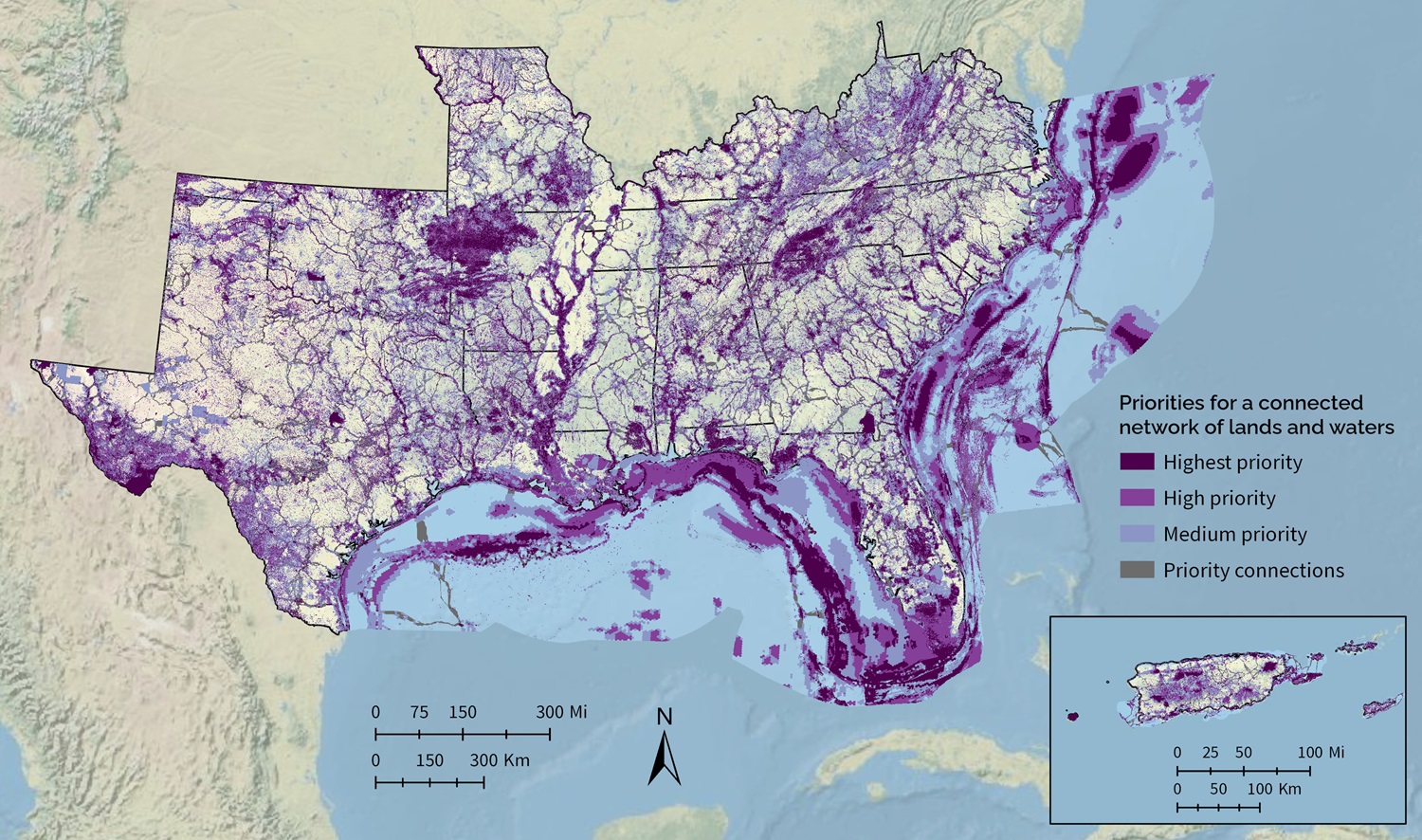 A map depicting key priority areas for achieving the SECAS vision of a connected network of lands and waters. Priority areas are shown in shades of purple and gray. Darkest purple represents highest priority, middle purple high priority, and lightest purple medium priority. Gray represents priority connections between the purple areas.