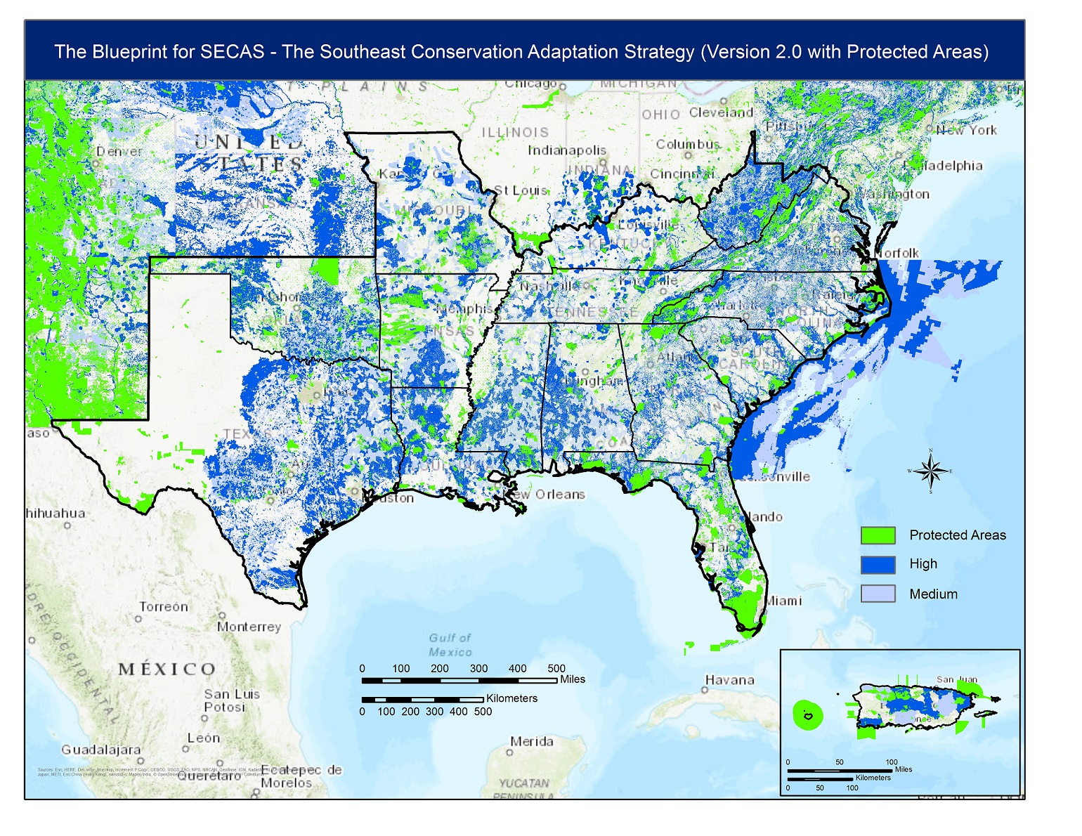 Map of Version 2.0 of the Southeast Conservation Blueprint showing high value areas in dark blue, medium value areas in light blue, and protected areas in green.