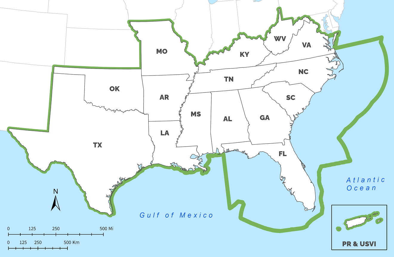 Map of the SECAS geography outlining 15 states of the Southeast, Puerto Rico, U.S. Virgin Islands, and portions of the offshore marine environment in green