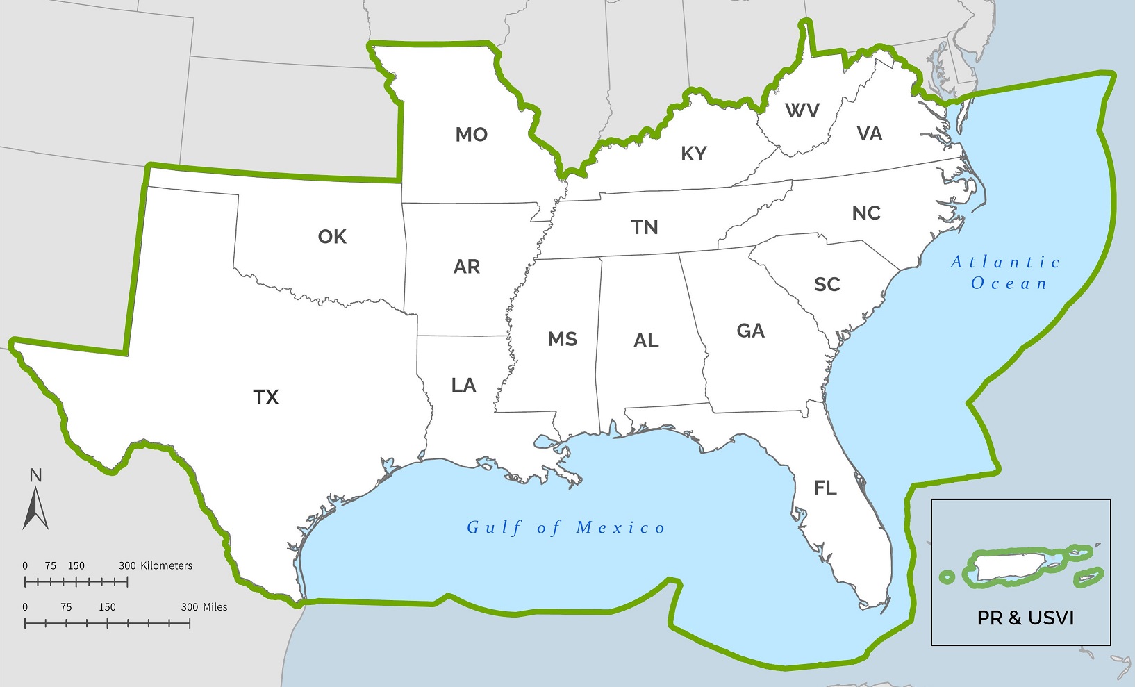 Map of the SECAS geography outlining 15 states of the Southeast, Puerto Rico, U.S. Virgin Islands, and the offshore marine environment in green
