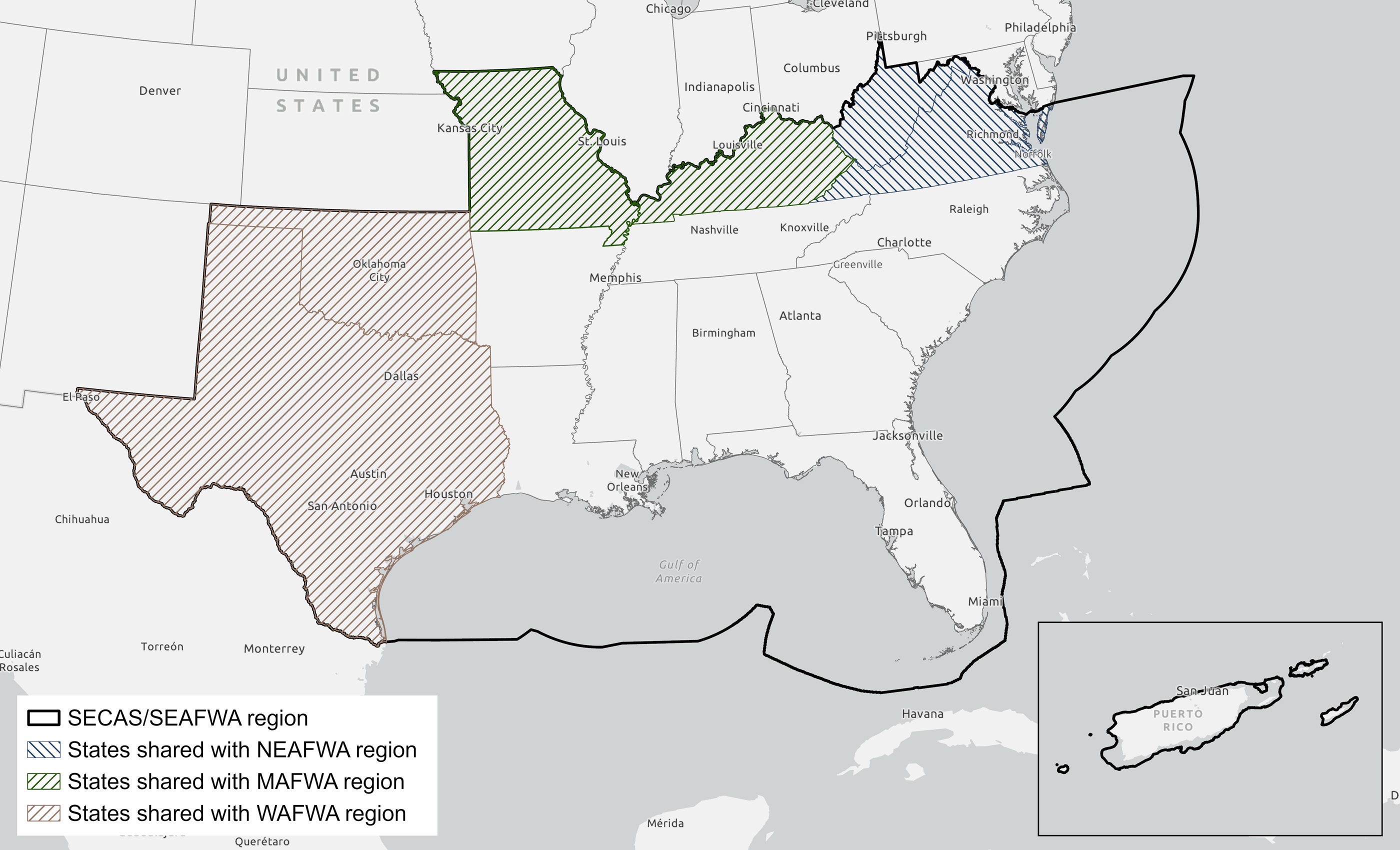 Map showing overlap between AFWA regions in the Southeast, Northeast, Midwest, and West.