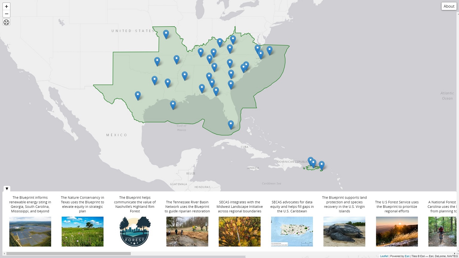 Screenshot of the story map showing blue pins on a gray basemap with the SECAS geography shaded in green.