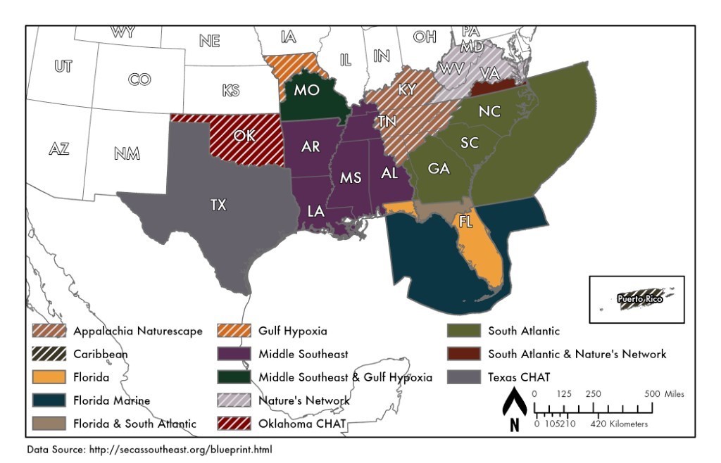 Map depicting various subregional inputs to the Southeast Conservation Blueprint.