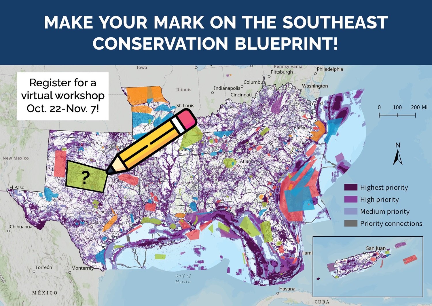 Promotional postcard for workshop series that says 'make your mark on Blueprint 2024' with a map of Blueprint 2024 with colorful feedback polygons on top, and a pencil sketching one of the polygons with a question mark inside.