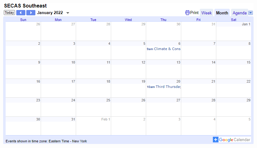 Screenshot of new SECAS event calendar. Calendar is entitled 'SECAS Southeast' and shows two events in the month of January 2022.