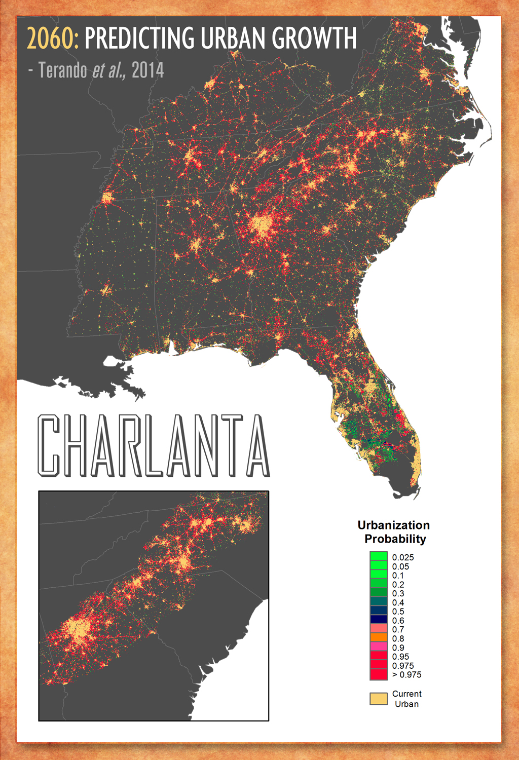 Map of 2060 urban growth projections for the Southeast shows potential megacity called 