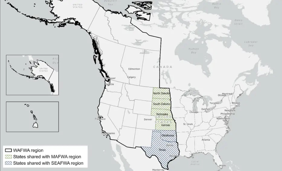 Map showing that North Dakota, South Dakota, Nebraska, and Kansas are shared by MAFWA and WAFWA, and that Oklahoma and Texas are shared by WAFWA and SEAFWA.